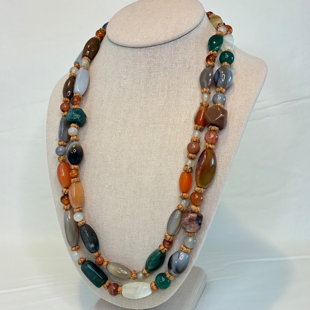 Vintage Necklace Hand Knotted Mixed Gemstone Agate Carnelian Long Strand 50" - Picture 13 of 13